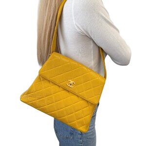 CHANEL Vintage CC Logo Turnlock Quilted Flap Shoulder Bag Yellow Gold [106293]